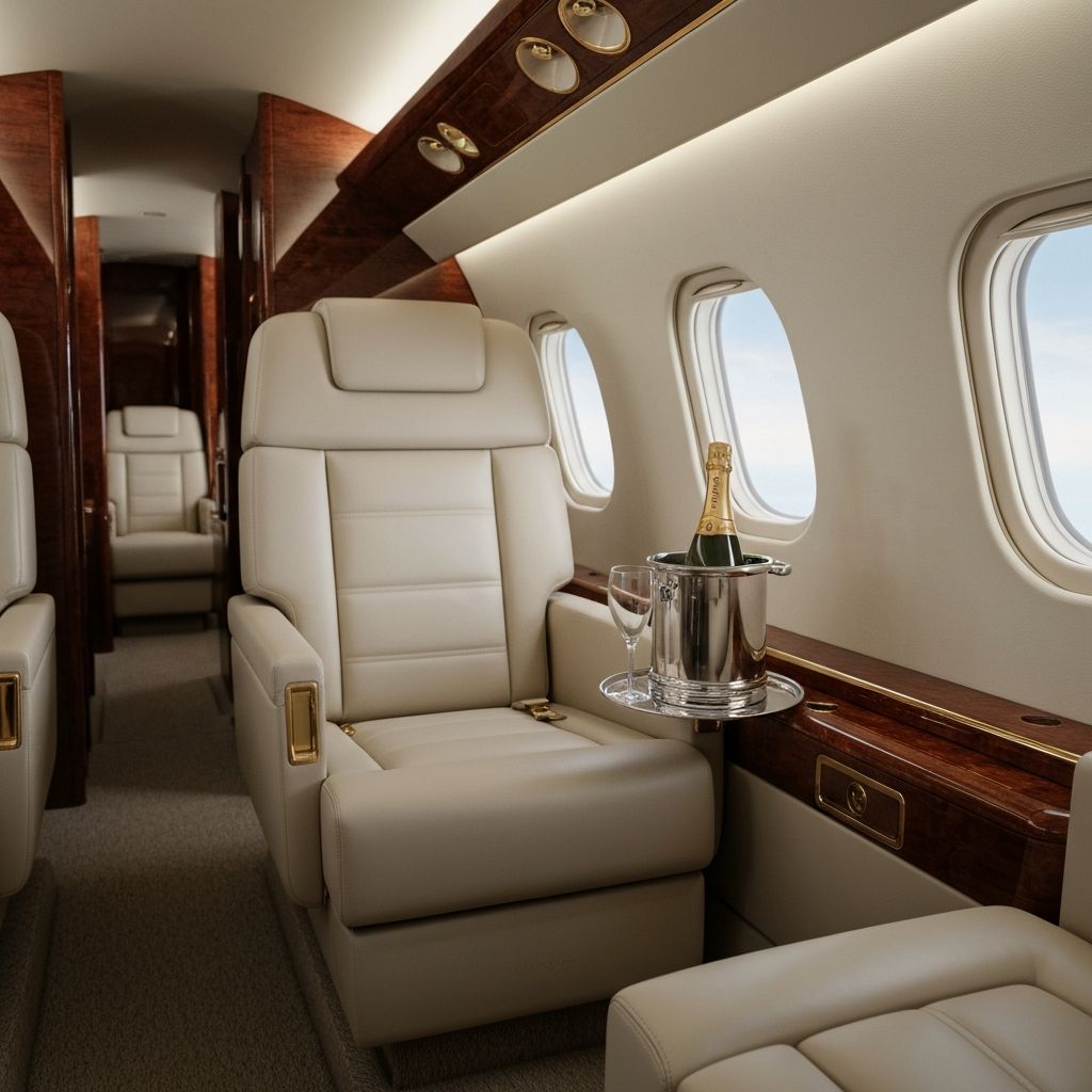 Luxurious private jet interior with cream leather seats